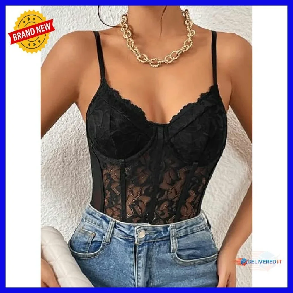 Sheer Mesh Lace Bustier Bodysuit Slim Fit Shapewear Sleeveless